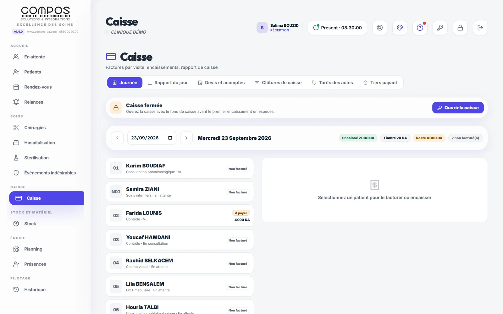 Cash desk — Takings, invoices, agreements, cash float.