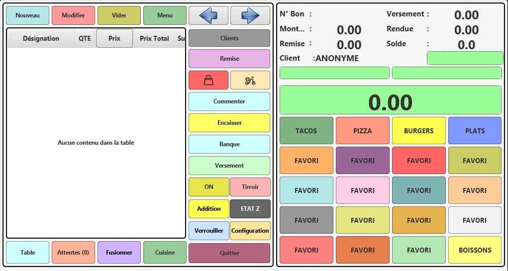 COMPOS RESTO till screen: current order, product families and favourites.