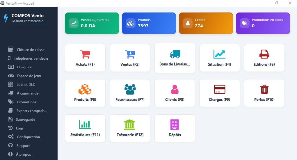 COMPOS VENTO home screen: purchases, sales, delivery notes, statistics, treasury.
